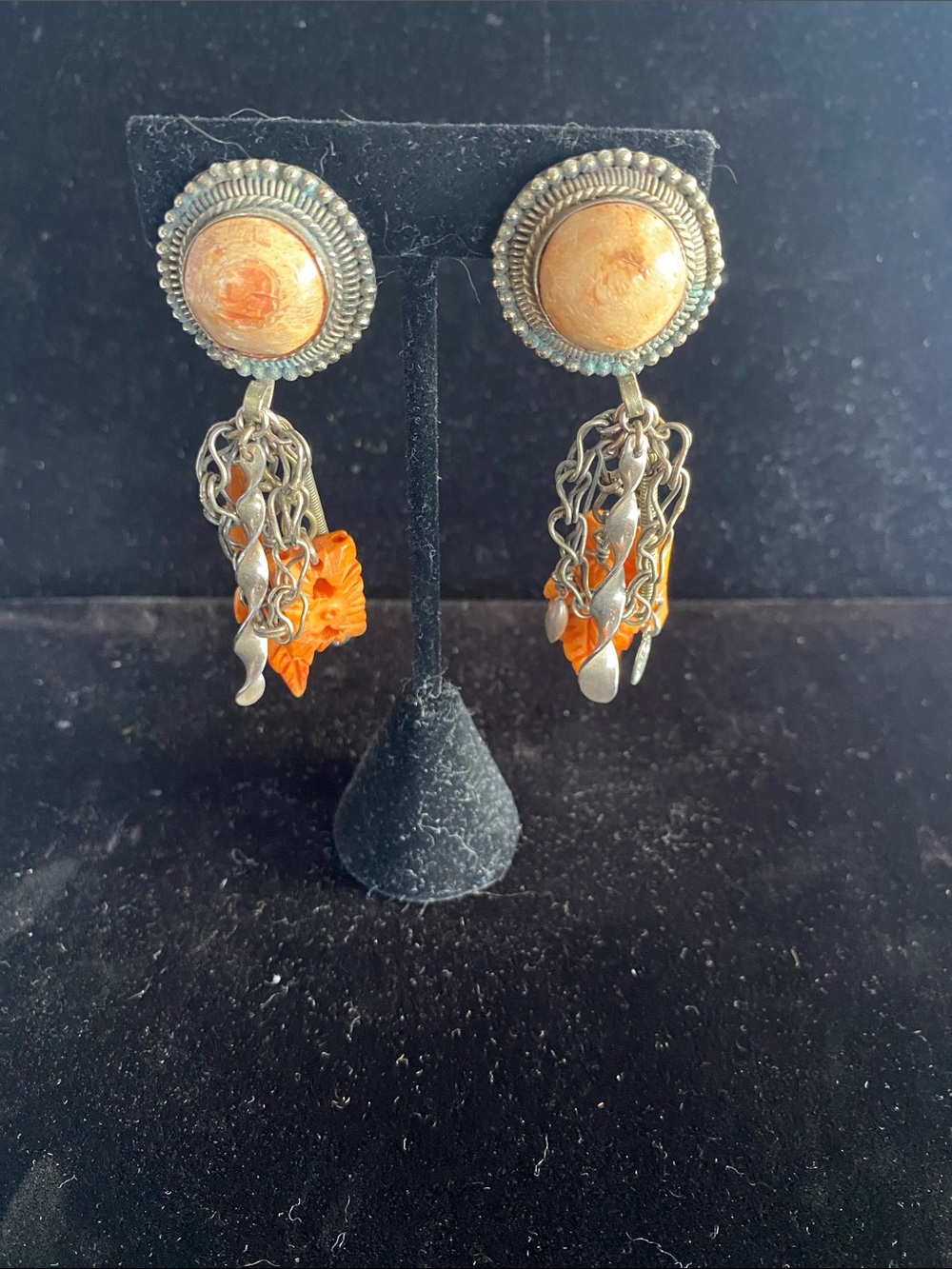 Vintage Sandra Burton Orange coral Bead Drop Earrings with Silver-Tone Chains